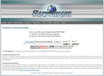 RapidShare: Servizio di upload aumentato fino a 300 Megabyte